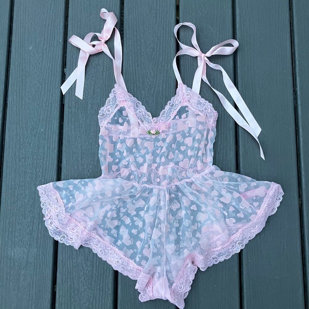 Sheer pink romper with flocked hearts and ribbon ties, Sugar Thrillz coquette